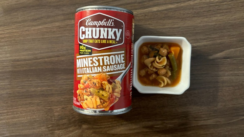 Campbell's Chunky Minestrone Soup With Italian sausage in a can and soup in a ramekin