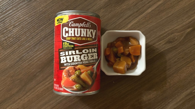 Campbell's Chunky Sirloin Burger with Country Vegetables Soup in a can and soup in a ramekin