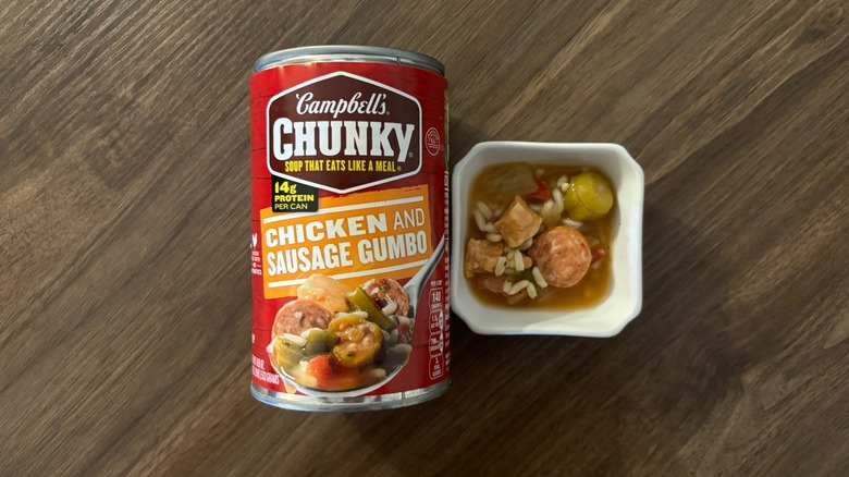 Campbell's Chunky Soup Chicken and Sausage Gumbo in a can and soup in a ramekin