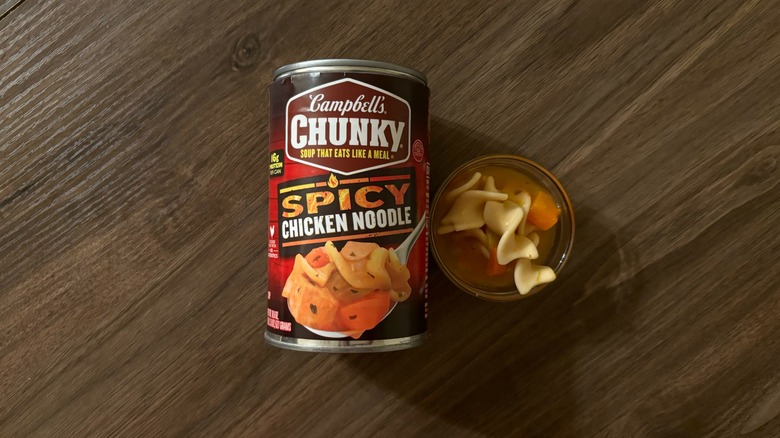 Campbell's Chunky Spicy Chicken Noodle Soup in a can and soup in a ramekin