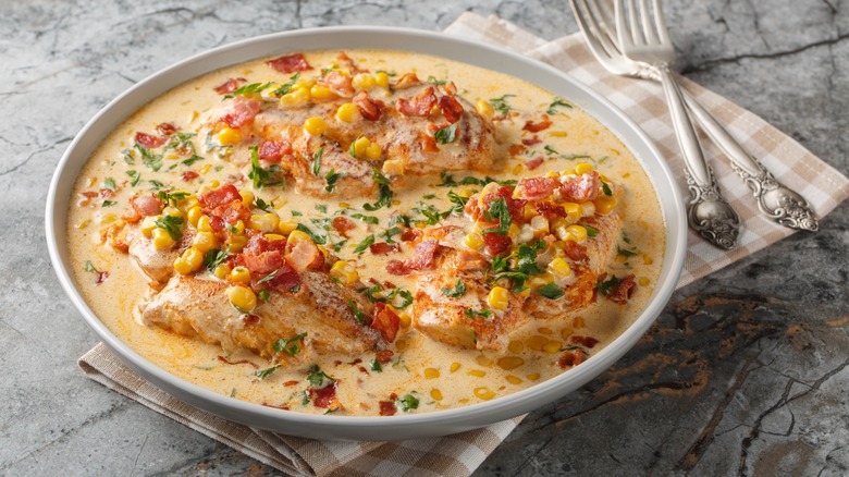 chicken with cream sauce and corn on a plate