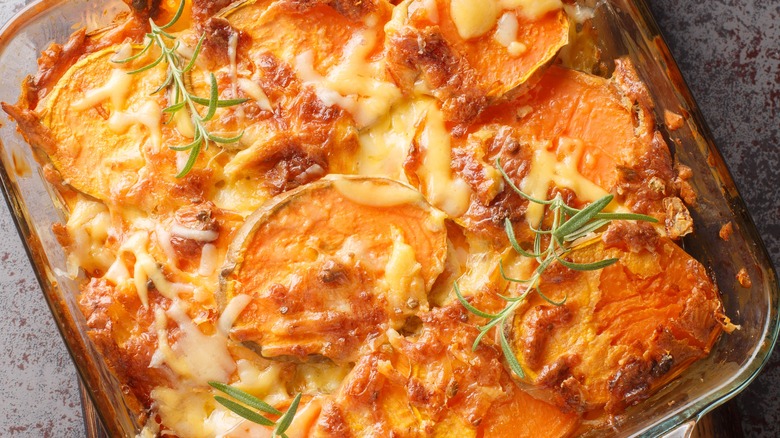 sweet potato casserole in glass dish