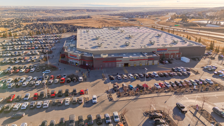 Aerial view of a crowded parking lot of a Costco warehouse.