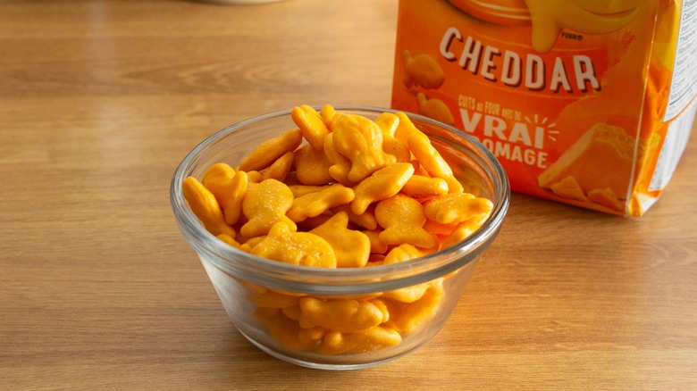 Goldfish Crackers in white bowl withe package nearby