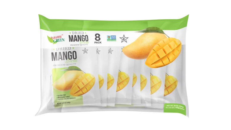Eight-count package of bags of Paradise Green Premium Dried Mango Slices