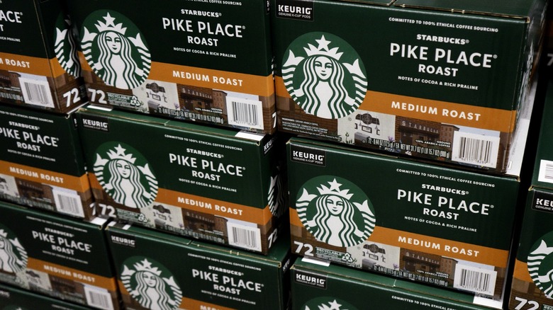Stacks of bulk boxes of Starbucks Pike Place Medium Roast K-Cups