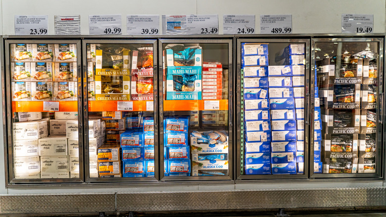 Freezer full of Costco frozen seafood products