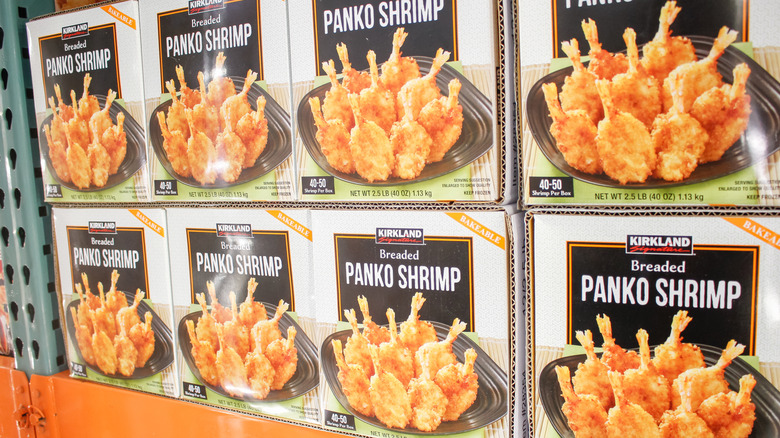 Kirkland Breaded Panko Shrimp boxes on Costco shelf
