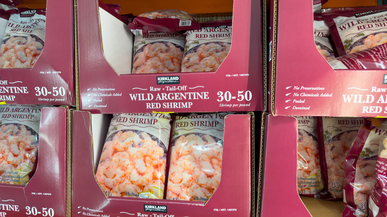 Kirkland Wild Argentine Red Shrimp in boxes on Costco store shelf