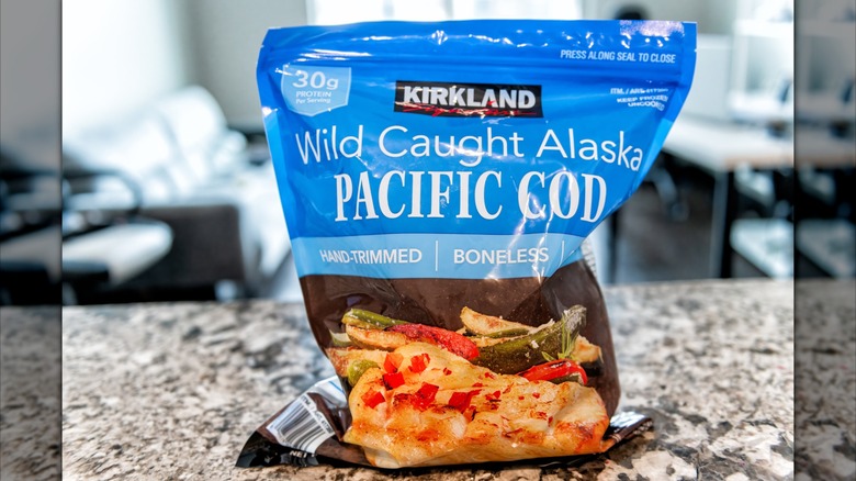 Kirkland Wild Caught Alaska Pacific Cod bag on marbled countertop
