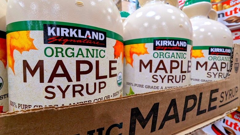 Kirkland Signature Organic Maple Syrup on Costco store shelf