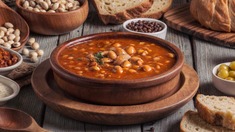 Chili made with baked beans in a wooden bowl on a wooden platter surrounded by bread and dry beans in bowls
