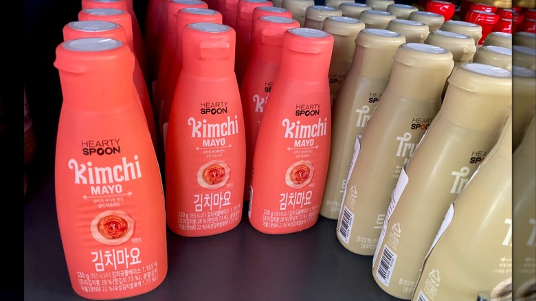 Hearty Spoon Kimchi Mayo bottles lined up on store shelf