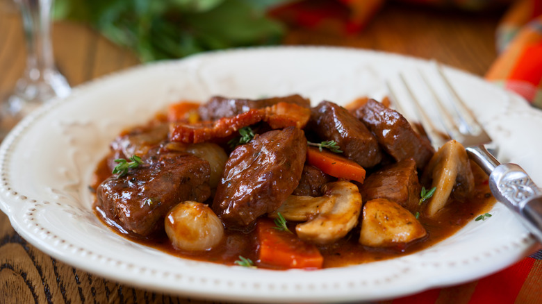 Boeuf bourguignon on plate with fork