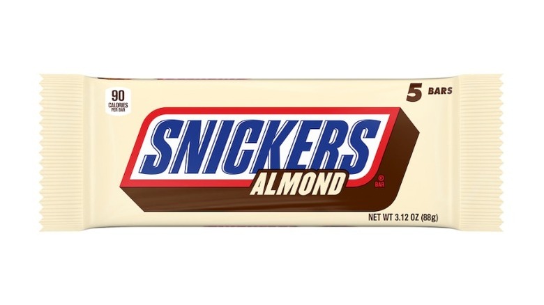 Snickers Almond bar on a white background.