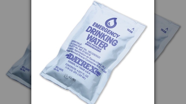 a package of Datrex emergency drinking water isolated on a white background