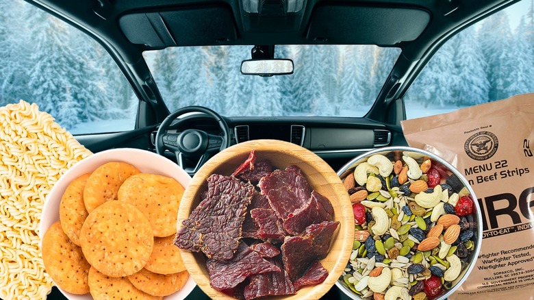 Inside of a car with windshield facing snow-covered trees. In foreground, images of ramen, crackers, beef jerky, trail mix, and an MRE package.