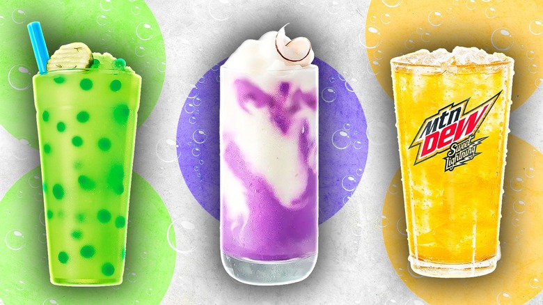Sonic picklerita slush, Jollibee ube coconut freeze, and Mountain Dew sweet lightning over a background with bubbles and big circles