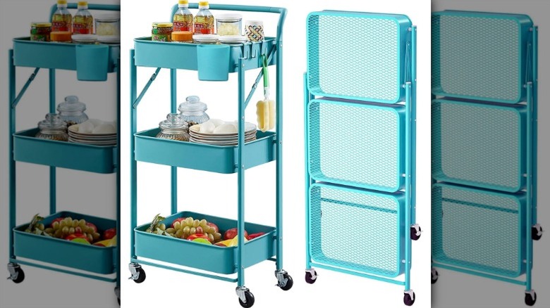 Blue Alexent foldable 3-tier rolling utility cart on a white background.