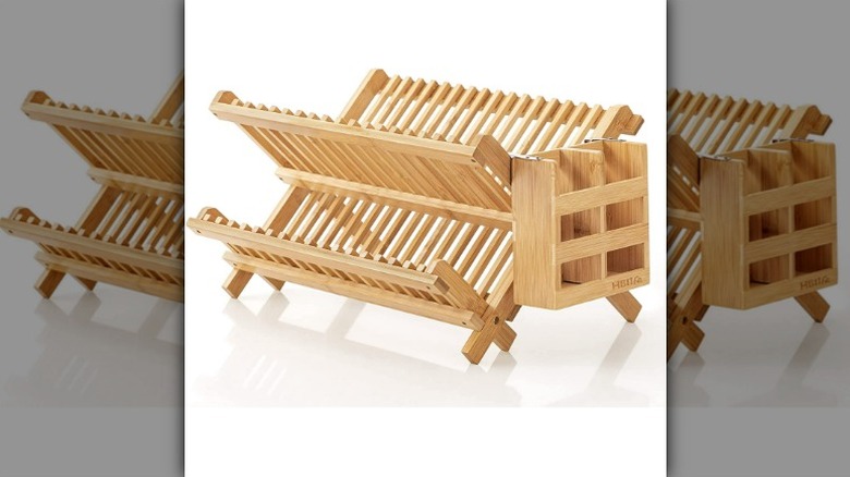 HBlife two-tier bamboo folding dish rack on a white background.