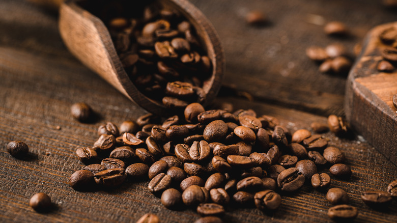 Coffee beans in a wooden serving scoop on wooden table. Wooden scoop full of roasted coffee beans.