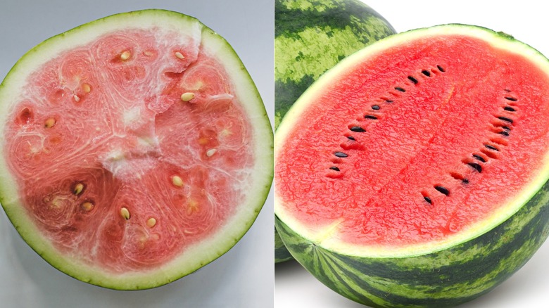 an unripe water half and a ripe watermelon half