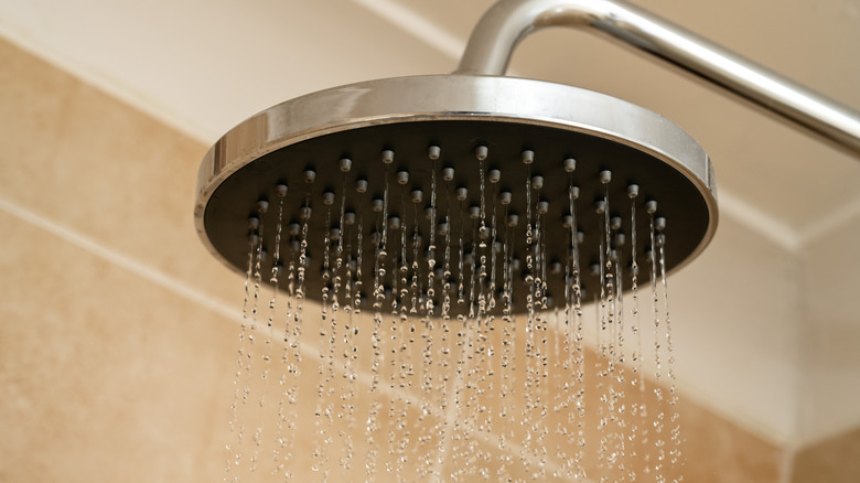 A showerhead with the water running