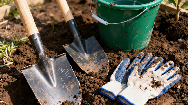 Gardening tools and equipment sitting on the soil