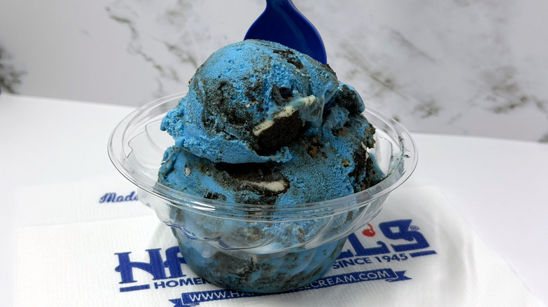 a small dish of Handel's blue monster ice cream
