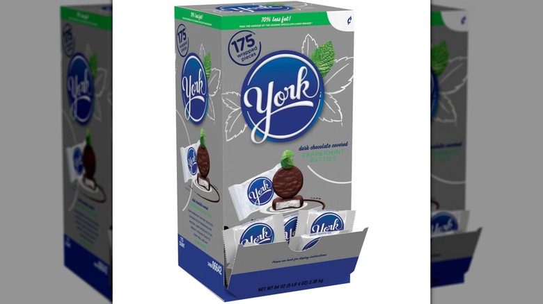 York Dark Chocolate Peppermint Patties in open box on white background