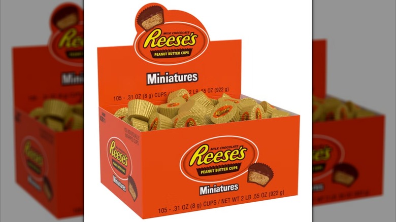Reese's Peanut Butter Cups Miniatures in open box on white background