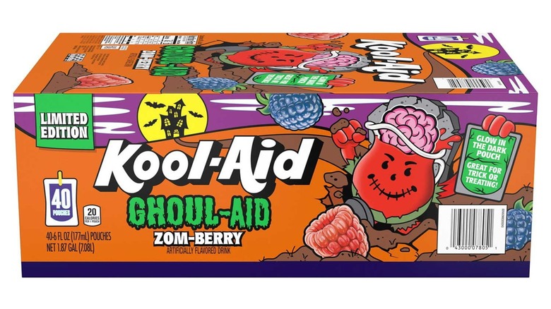 A box of Kool-Aid Ghoul-Aid Zom-Berry drink pouches on a white background.