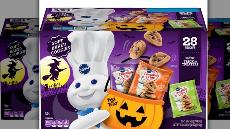 Halloween-themed box of Pillsbury Soft Baked Mini Chocolate Chip Cookies on a white background.