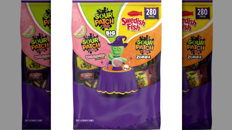 Sour Patch Kids and Swedish Fish Halloween Candy Variety Pack on a white background.