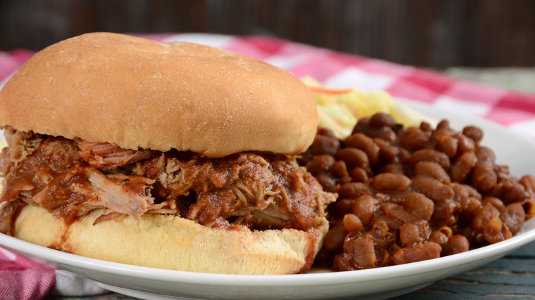 bbq pork sandwich and baked beans