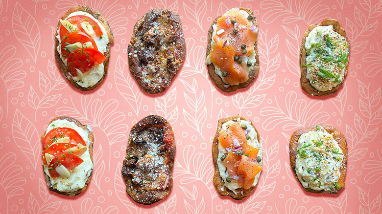 A variety of bagel skins on an illustrated background