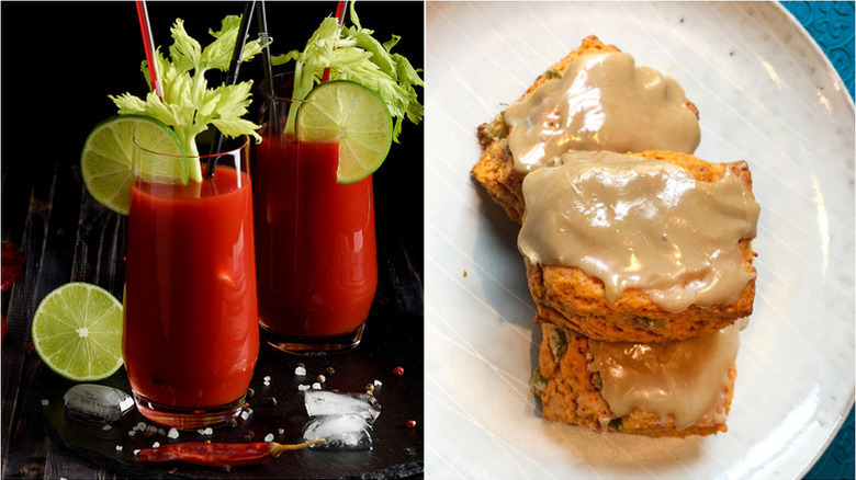 Side by side of two Bloody Mary drinks and Bloody Mary scones