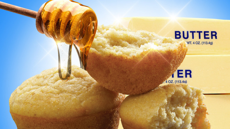 Salt honey butter corn muffins with butter and dripping honey