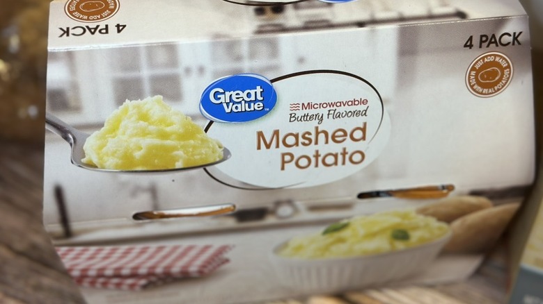 Close up of Great Value Microwavable Mashed Potatoes