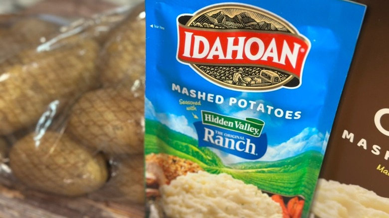 Idahoan Ranch Mashed Potatoes in front of sack of potatoes