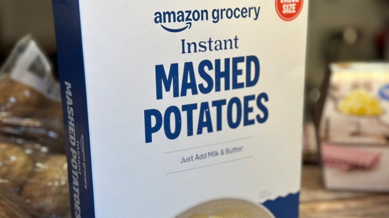 Close up of Amazon Grocery Instant Mashed Potatoes