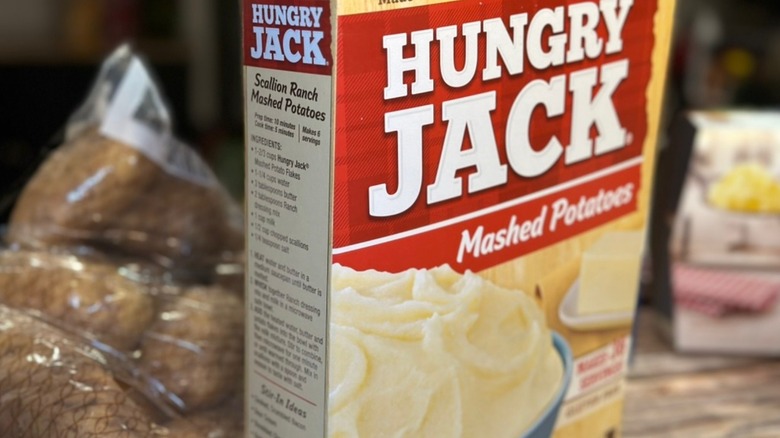 Close up of Hungry Jack Instant mashed potatoes box