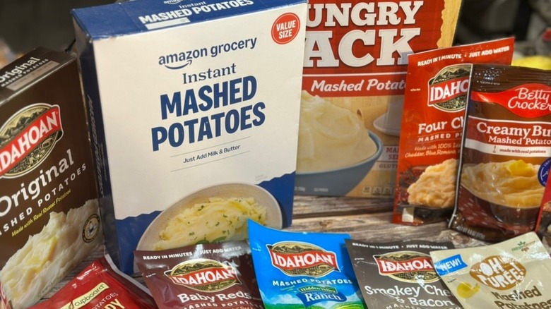 A grouping of an assortment of instant mashed potato brands