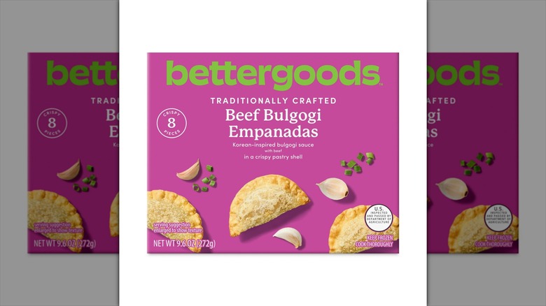 Purple box of Walmart Bettergoods brand Beef Bulgogi Empanadas
