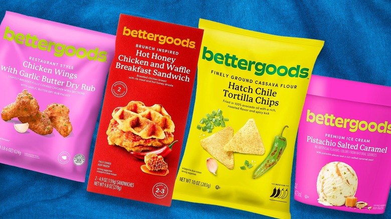 Composite image of Walmart Bettergoods Chicken Wings Hot Honey Chicken and Waffle Breakfast Sandwich and Hatch Chile Tortilla Chips and Pistachio Salted Caramel Ice Cream
