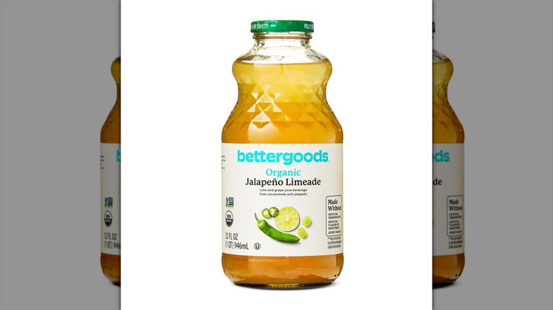 Glass jug of Walmart Bettergoods brand Organic Jalapeño Limeade