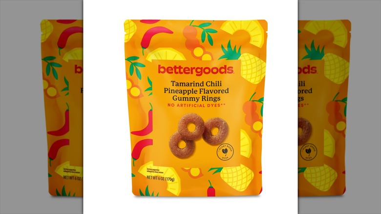 Colorful orange bag of Walmart Bettergoods brand Tamarind and Chili Pineapple Gummy Rings