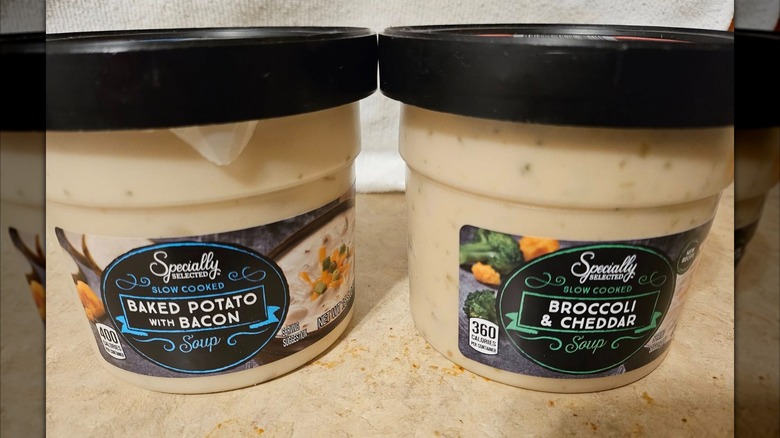 Two plastic containers of Aldi Specially Selected brand premade soups