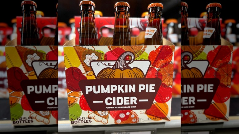 Six pack of Aldi pumpkin pie cider in bottles