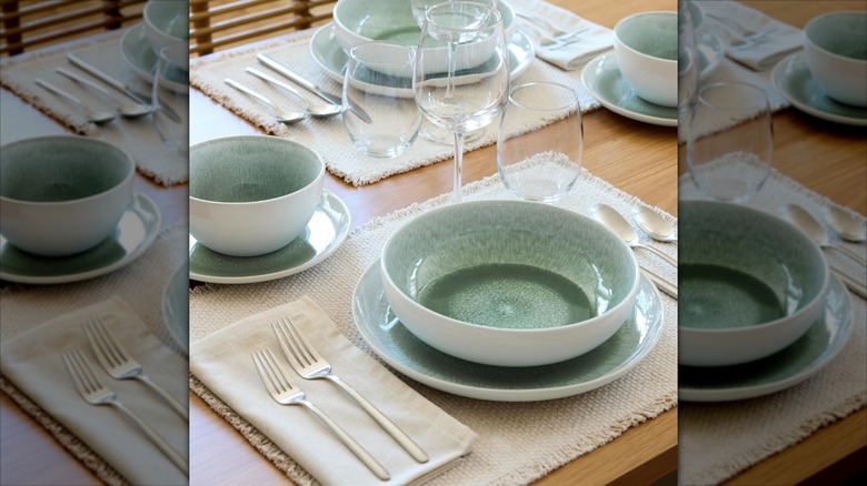 Member's Mark Stoneware Reactive Pasta Bowls on table with cutlery and placemats